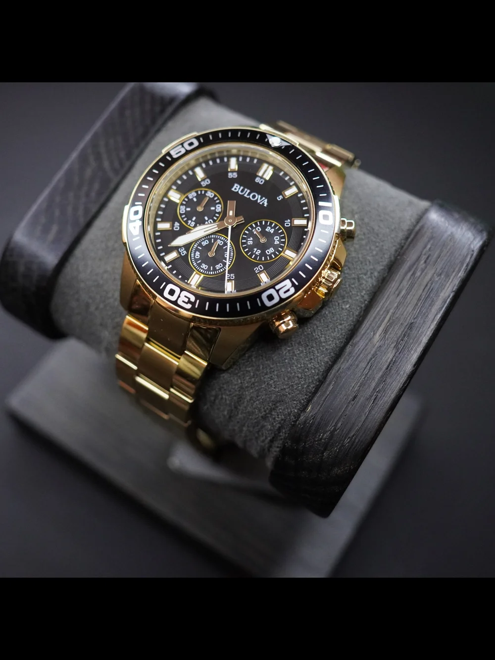 Bulova 98A248 Marine Star Gold Tone Chronograph Black Dial 43mm Mens Quartz